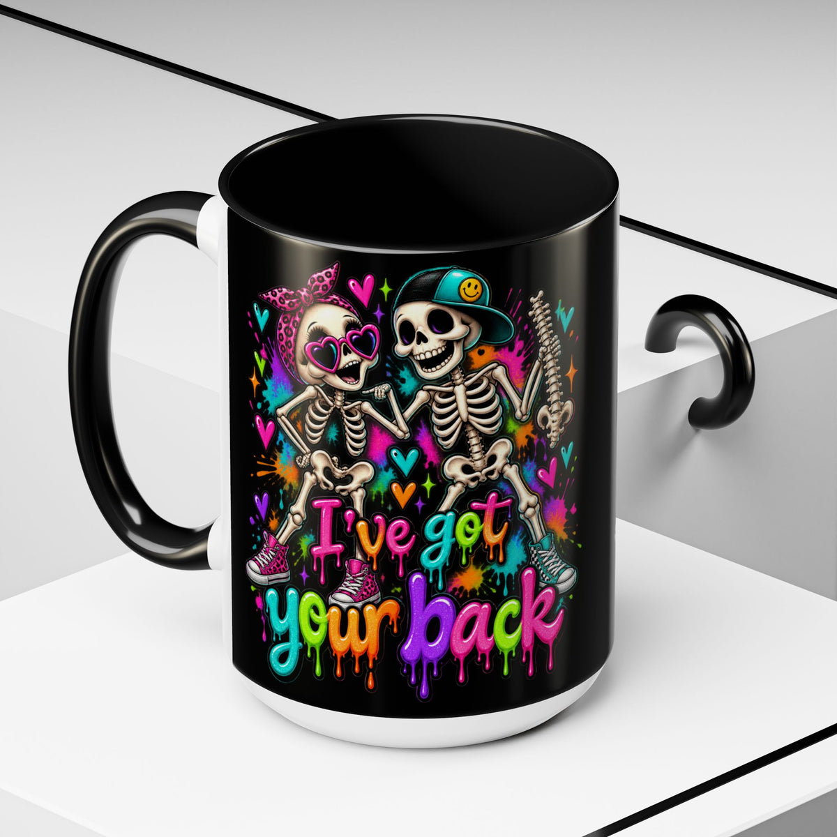 "I’ve Got Your Back" Skeleton Coffee Mug — Colorful Gothic Accent 11/15oz