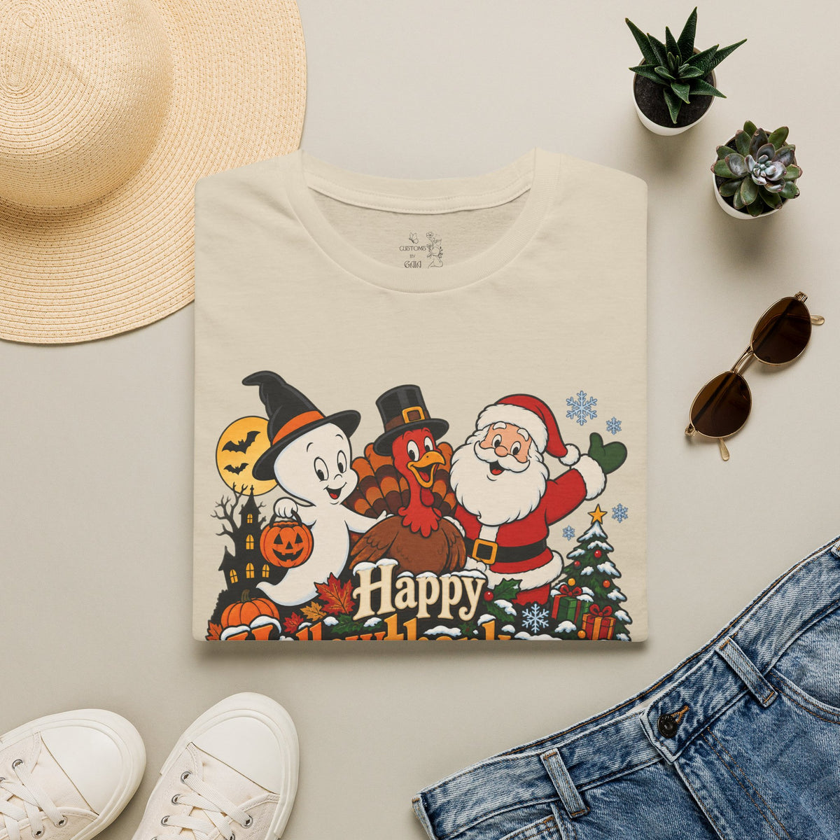 Halloween Thanksgiving Christmas Mashup Tee — "Happy HallowThanksMas This Year"