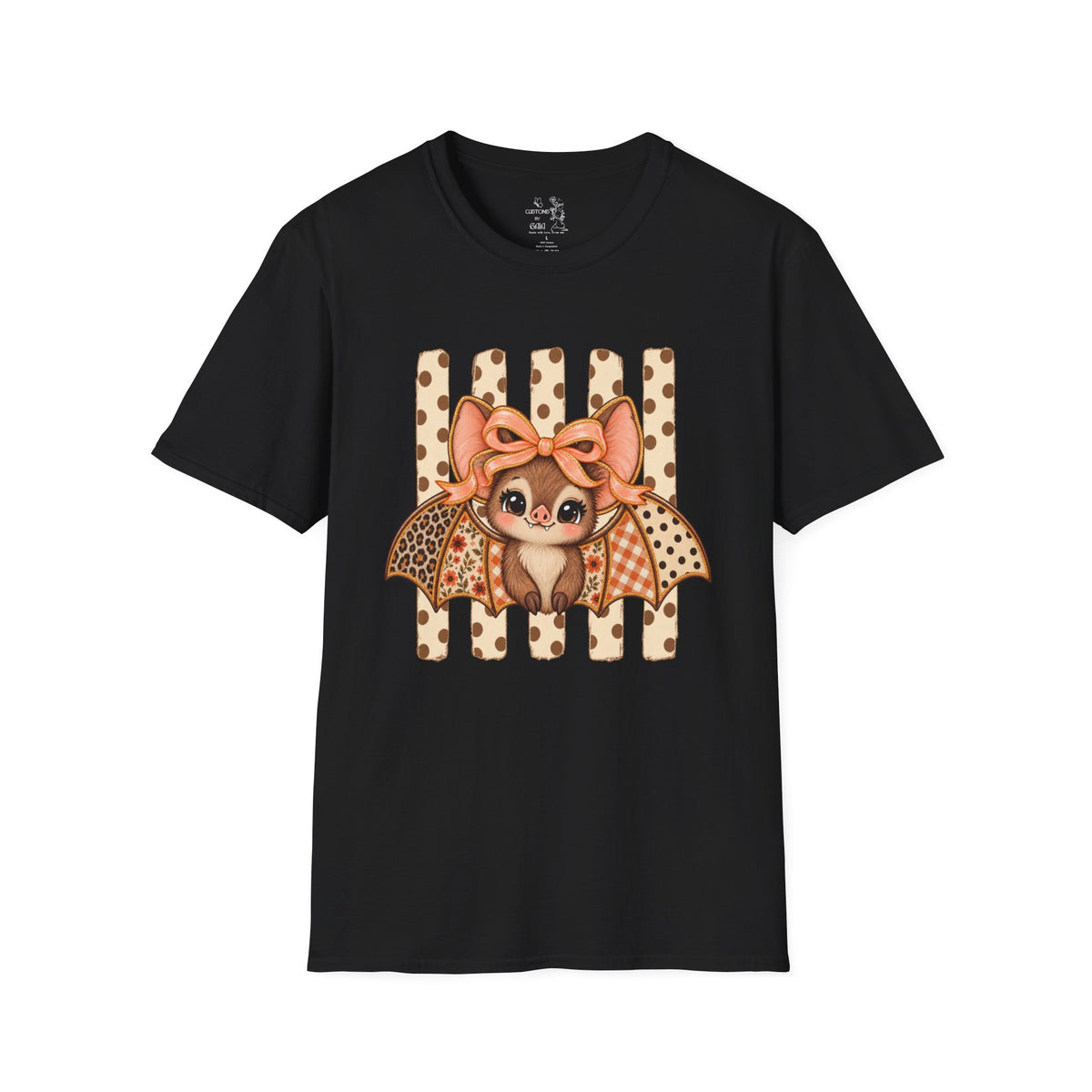 Cute Bat Tee — Adorable Bat with Bow Graphic T-Shirt (Leopard Striped Background)
