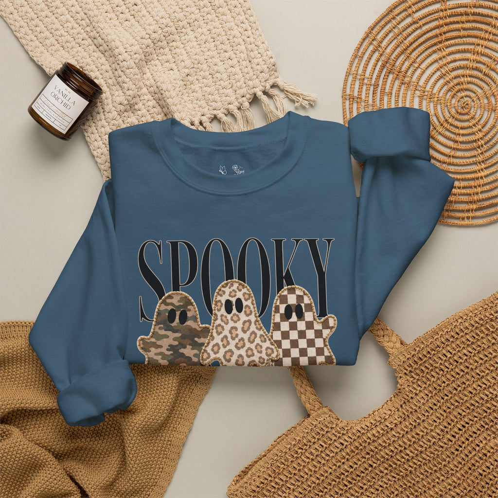 Spooky Season Ghosts Sweatshirt — Neutral Plaid & Camo Halloween Crewneck