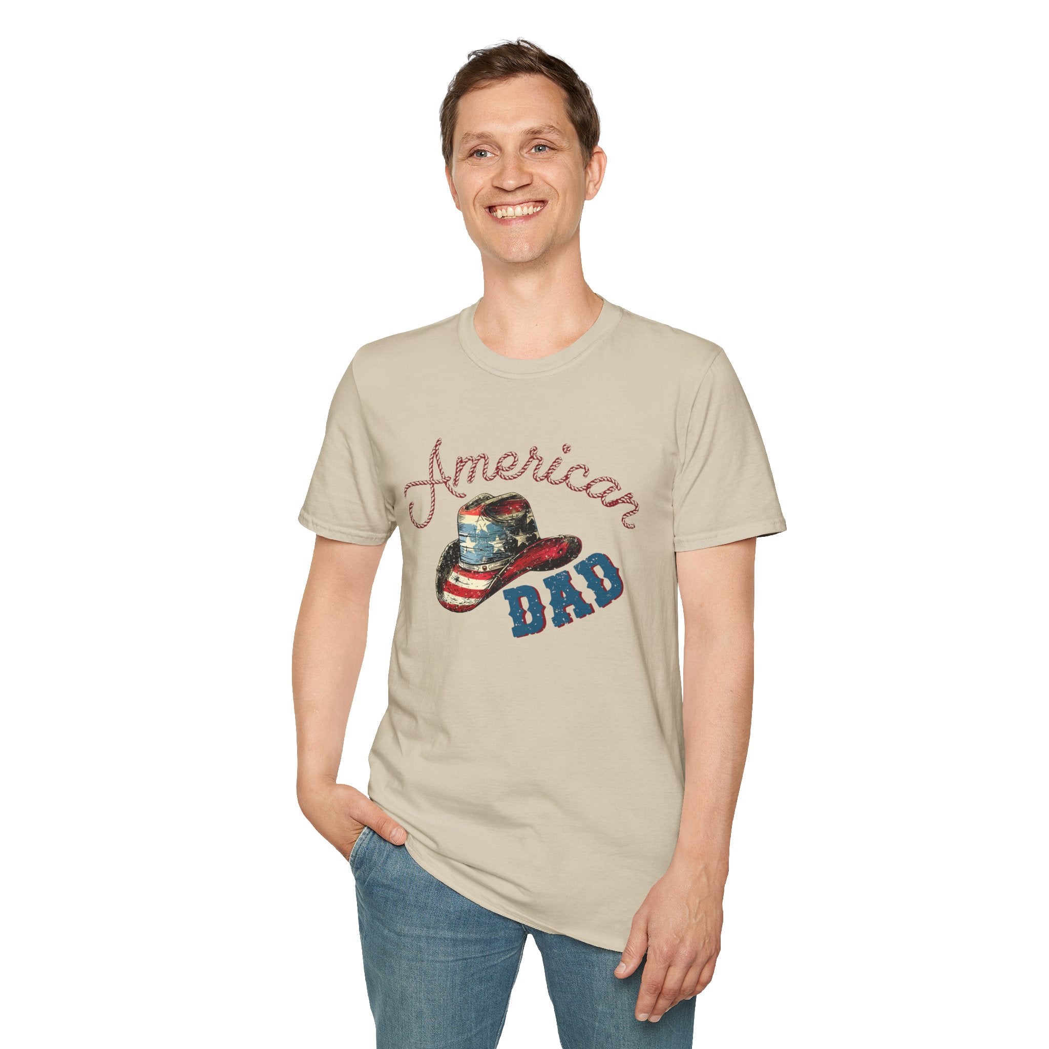 Patriotic “American Dad” Tee — Vintage Flag Cowboy Hat Dad T-Shirt