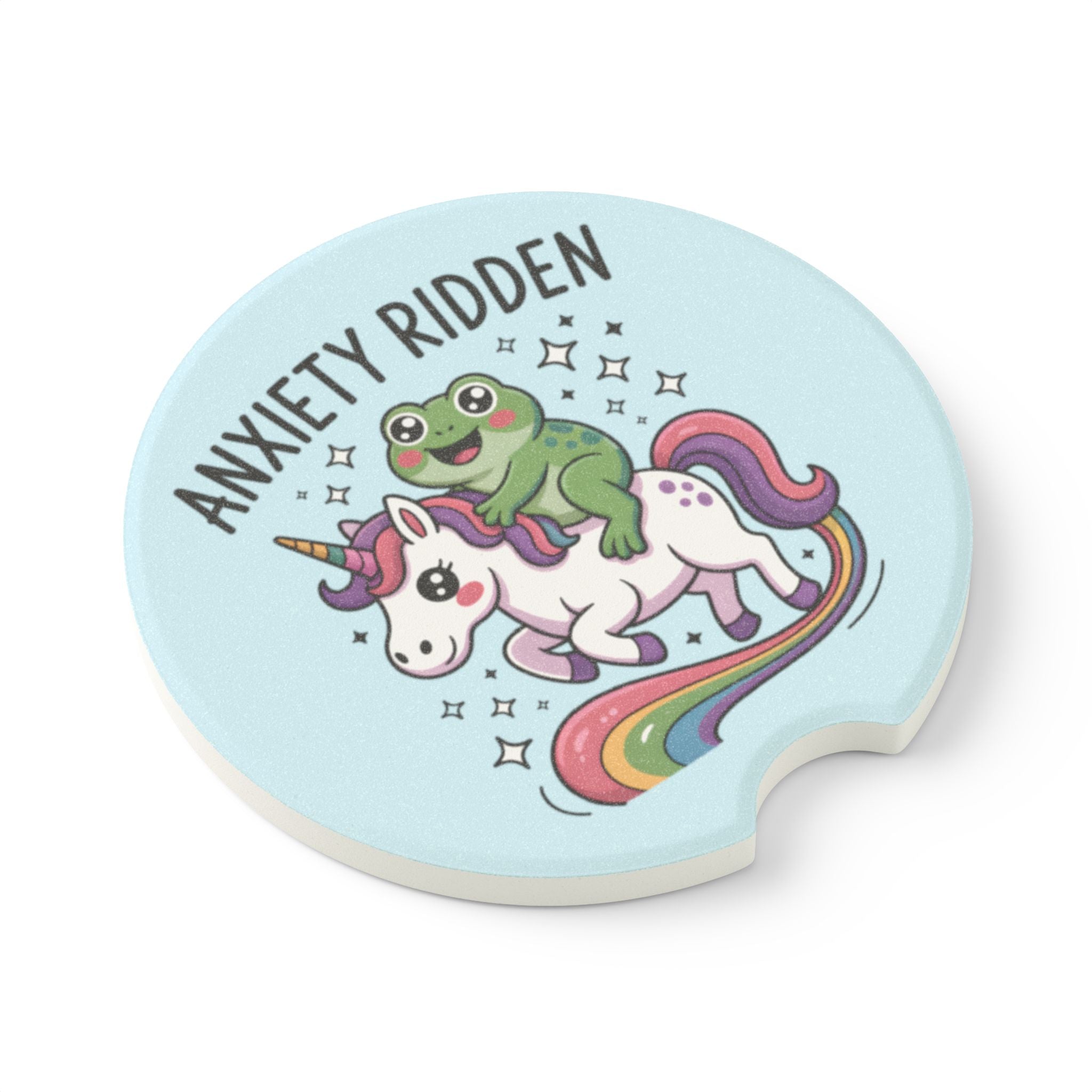 Car Coaster — "Anxiety Ridden" Frog on Unicorn Soapstone Car Cup Holder Insert