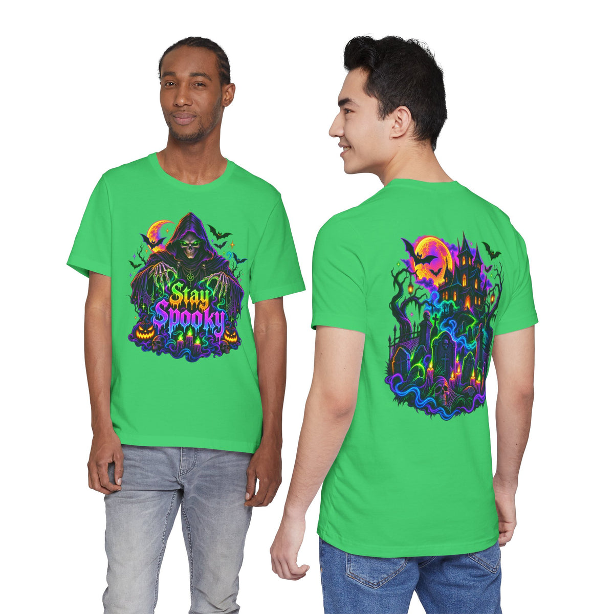 Stay Spooky Halloween Tee — Neon Grim Reaper & Haunted Castle Graphic T-Shirt