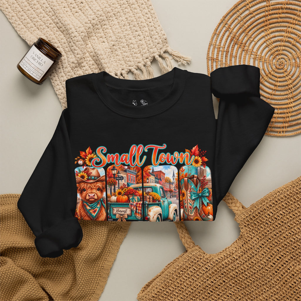 Fall Vibes Crewneck Sweatshirt - "Small Town Fall Vibes" Retro Autumn Graphic