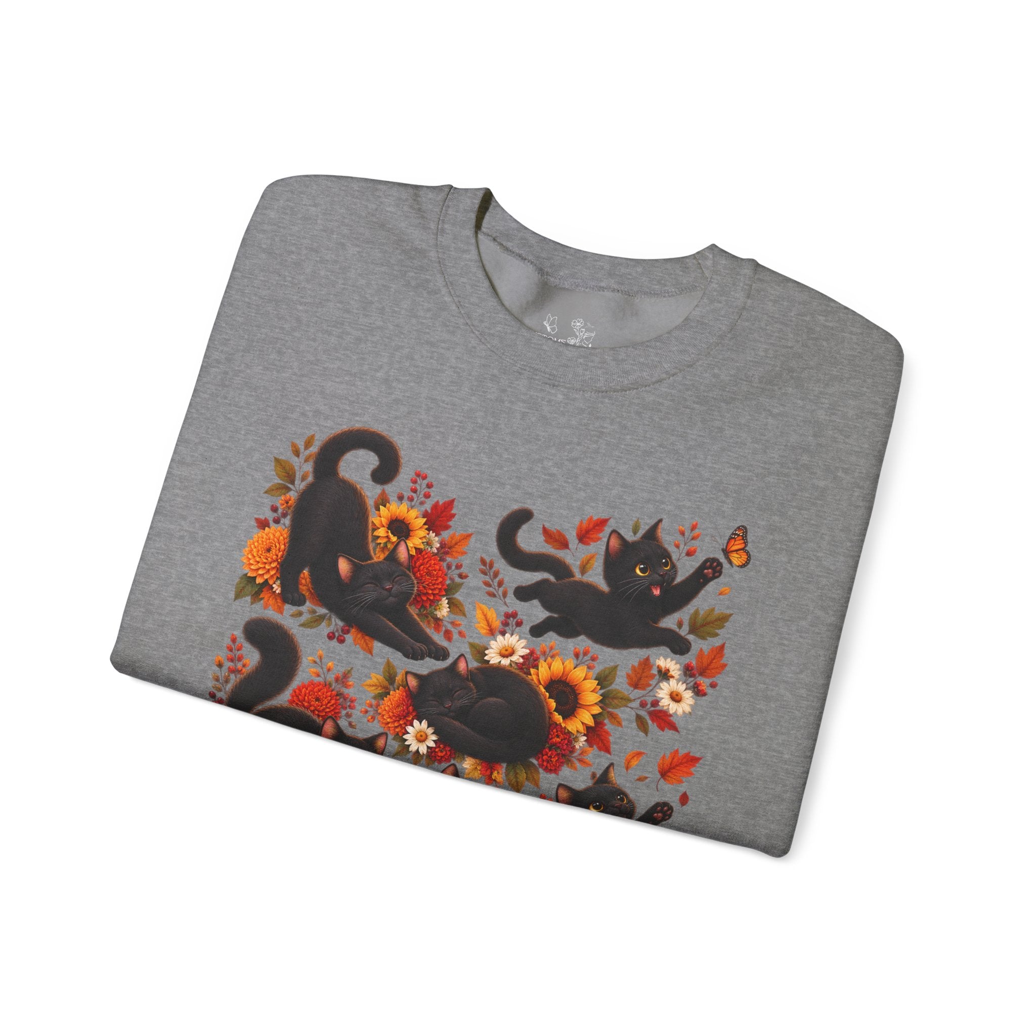 Autumn Black Cats Crewneck Sweatshirt — Fall Floral Halloween Cat Design