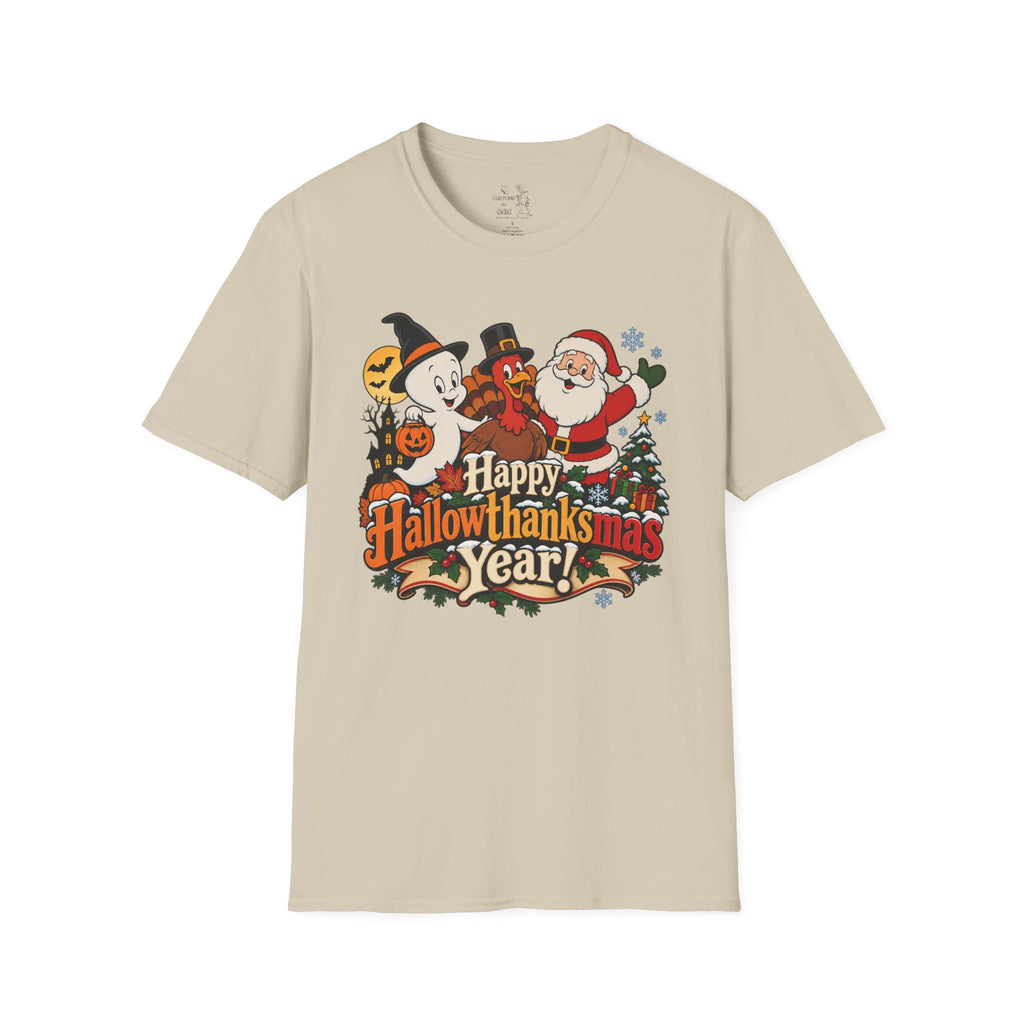 Halloween Thanksgiving Christmas Mashup Tee — "Happy HallowThanksMas This Year"