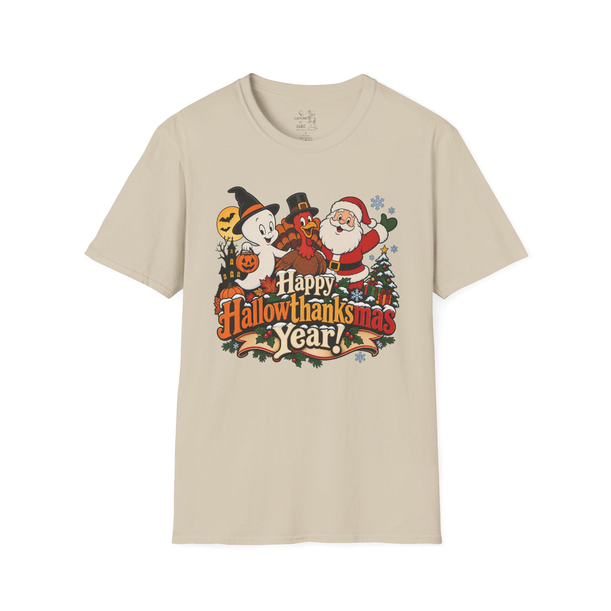 Halloween Thanksgiving Christmas Mashup Tee — "Happy HallowThanksMas This Year"