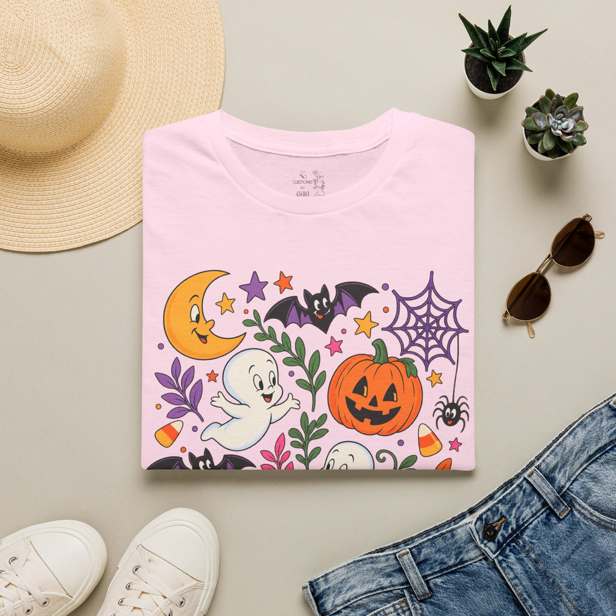 Cute Halloween T-Shirt — Friendly Ghosts, Pumpkins & Bats Graphic
