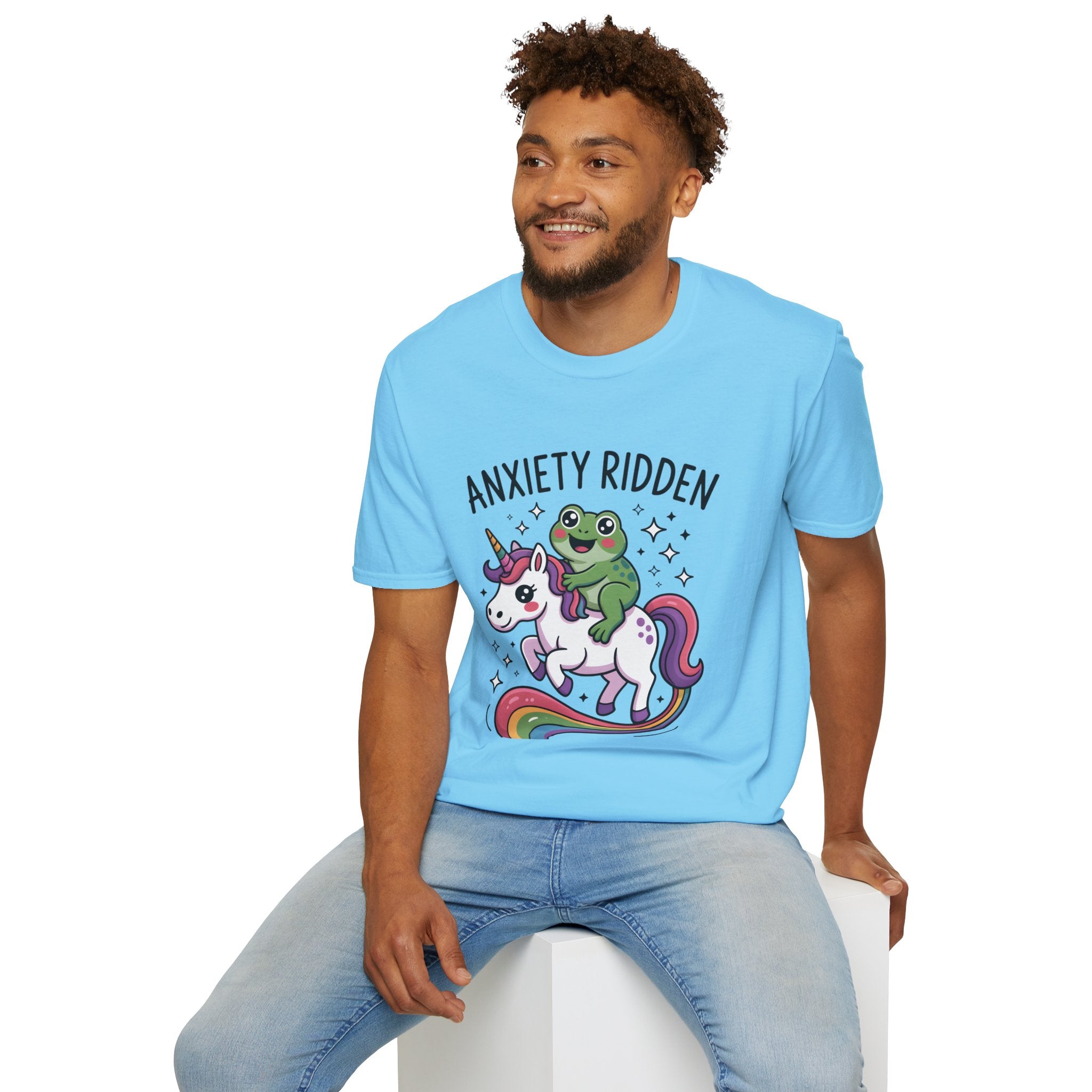 Anxiety Ridden Frog on Unicorn T-Shirt — Cute Mental Health Awareness Graphic Tee