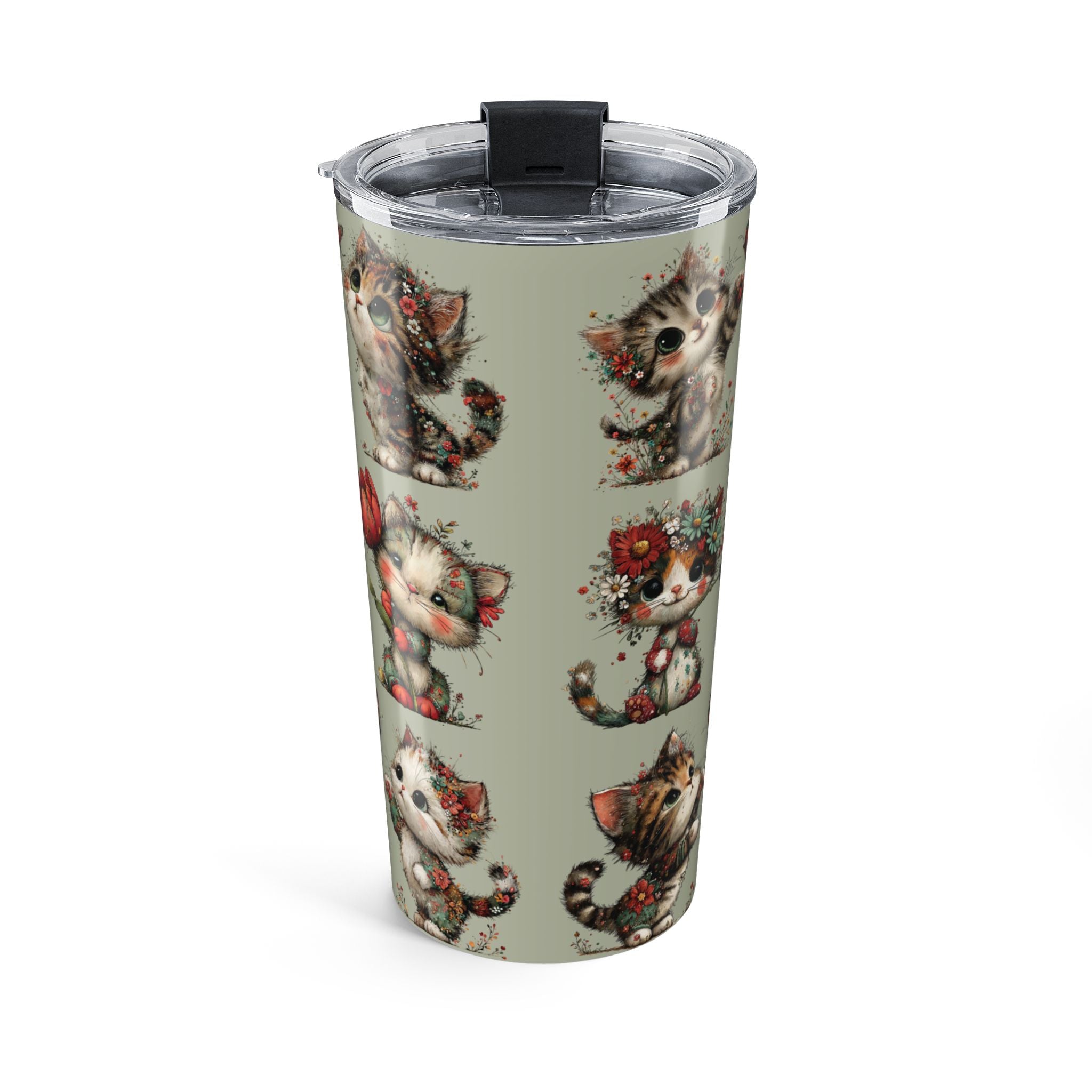 20oz Whimsical Cat Floral Tumbler — Cute Vintage Kittens Travel Cup