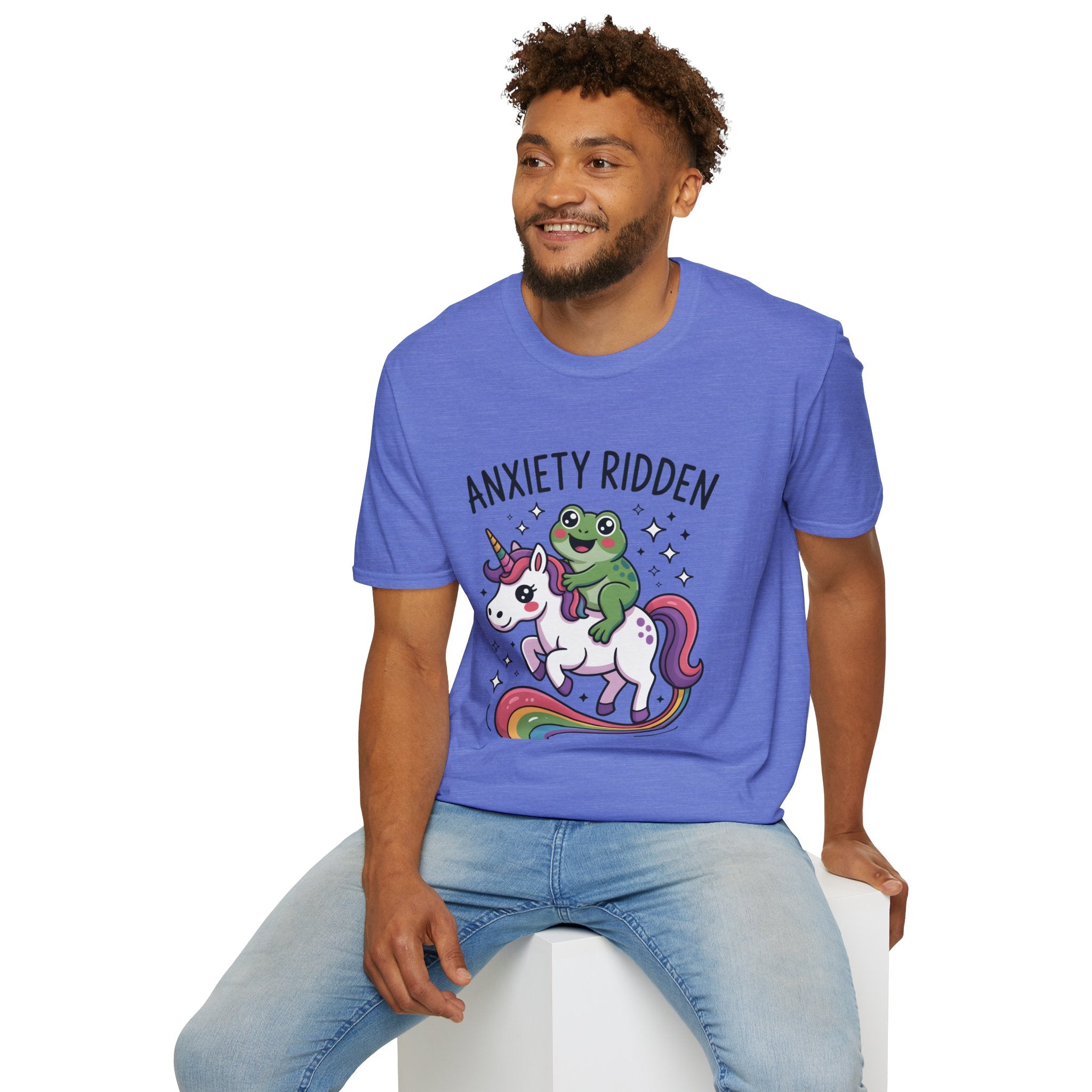 Anxiety Ridden Frog on Unicorn T-Shirt — Cute Mental Health Awareness Graphic Tee