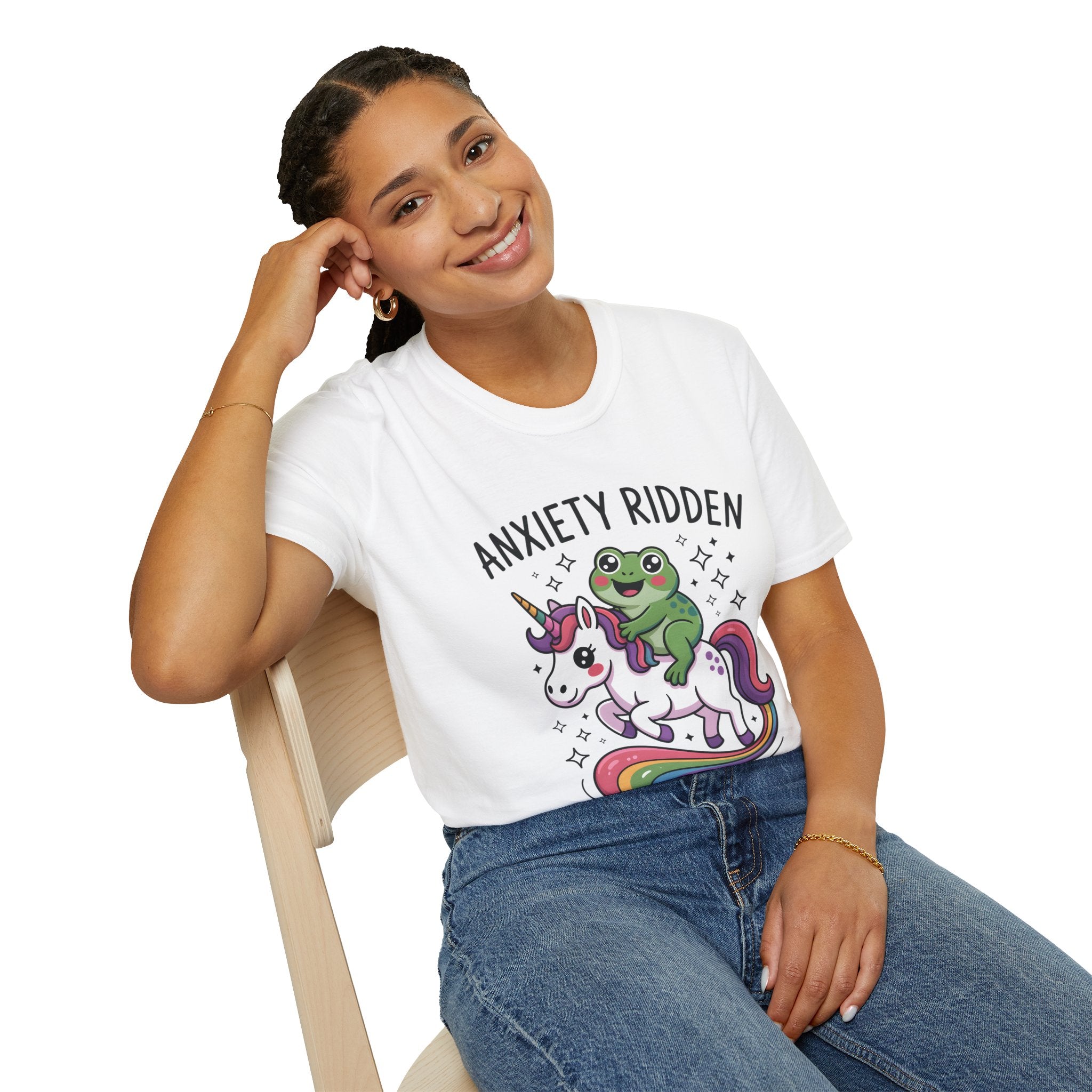 Anxiety Ridden Frog on Unicorn T-Shirt — Cute Mental Health Awareness Graphic Tee