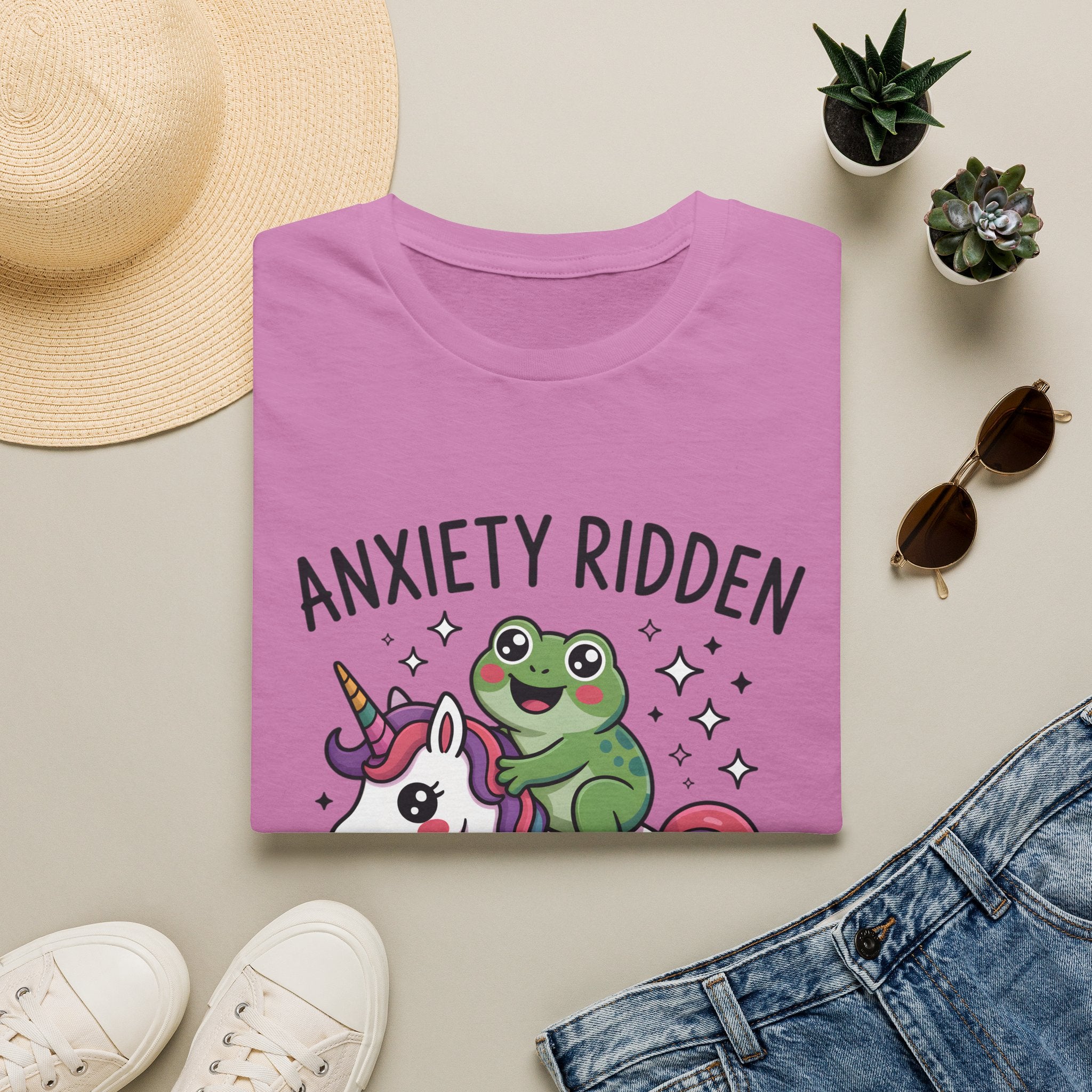 Anxiety Ridden Frog on Unicorn T-Shirt — Cute Mental Health Awareness Graphic Tee