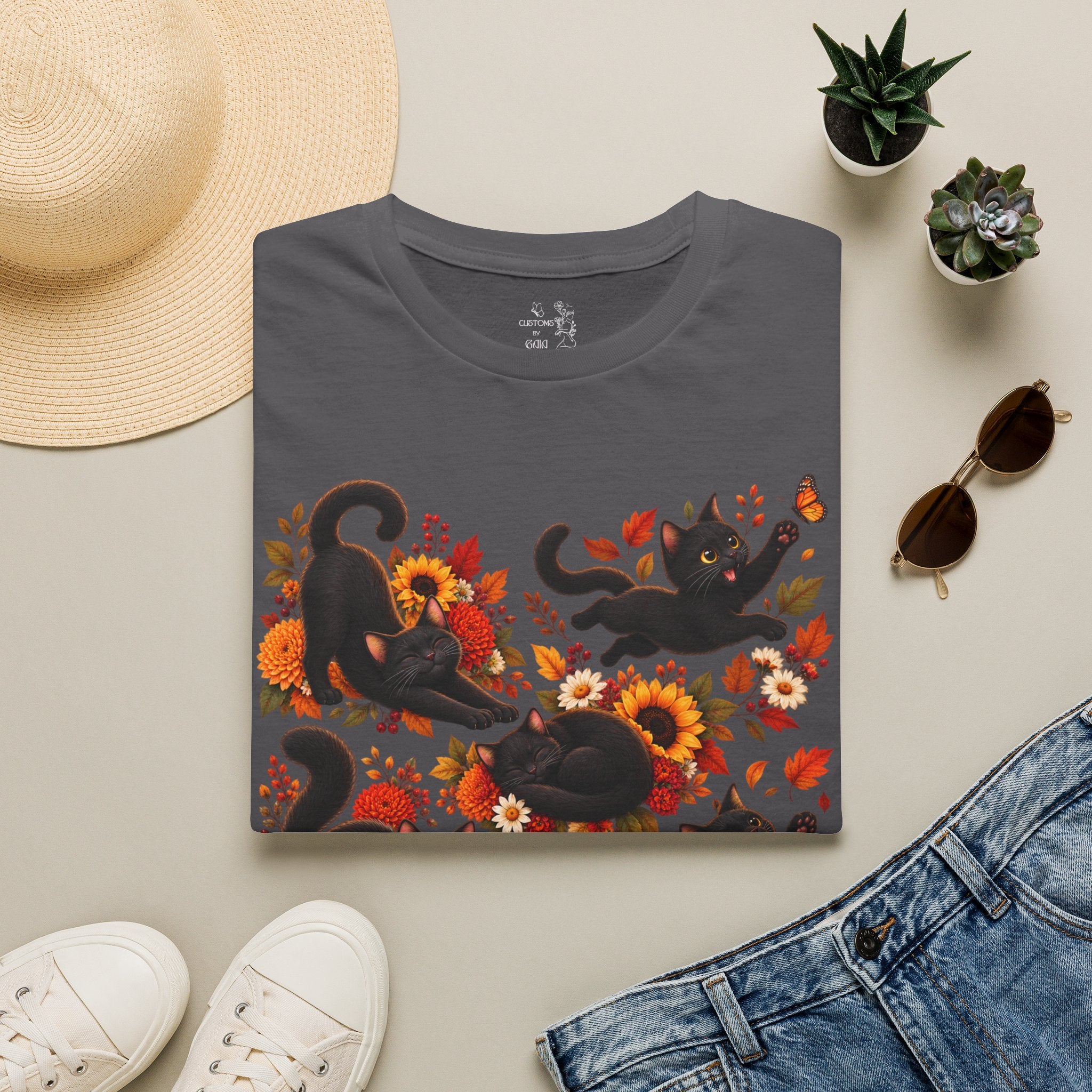Black Cats & Sunflowers T-Shirt — Autumn Floral Cat Tee