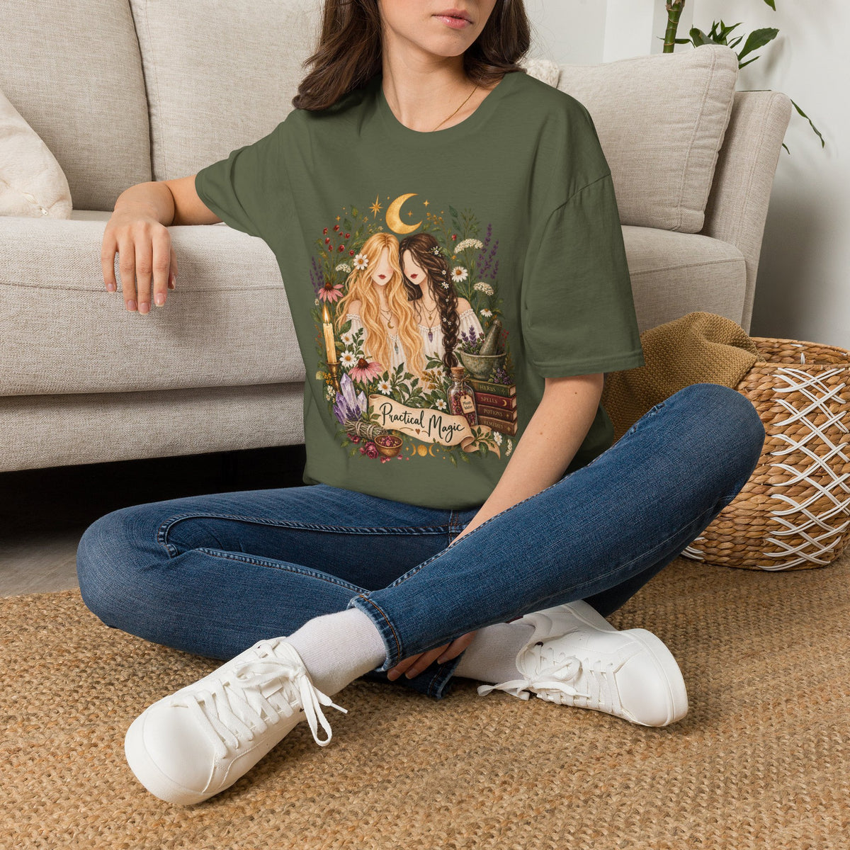 Witchy Sisters T-Shirt – 'Practical Magic' Boho Moon Witch Illustration