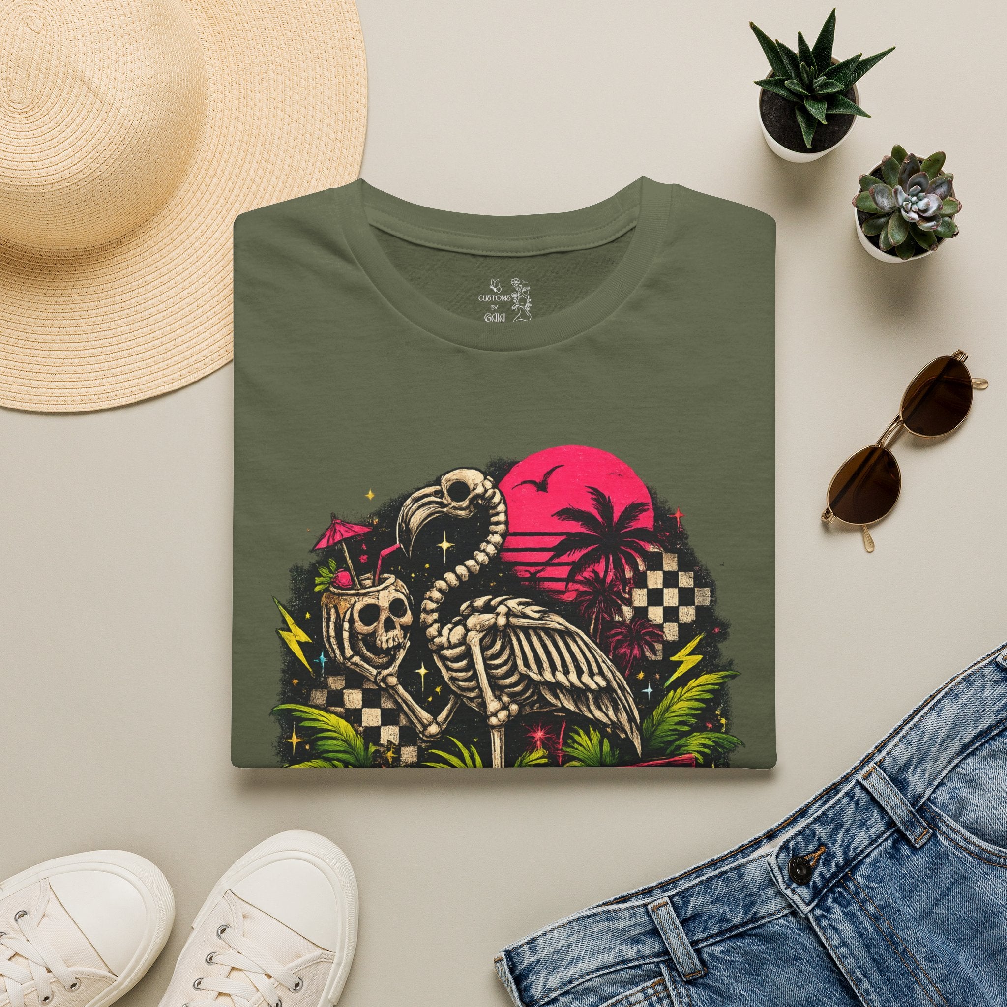 Spooky Salty Beach T-Shirt — Retro Skeleton Pelican Sunset Tee