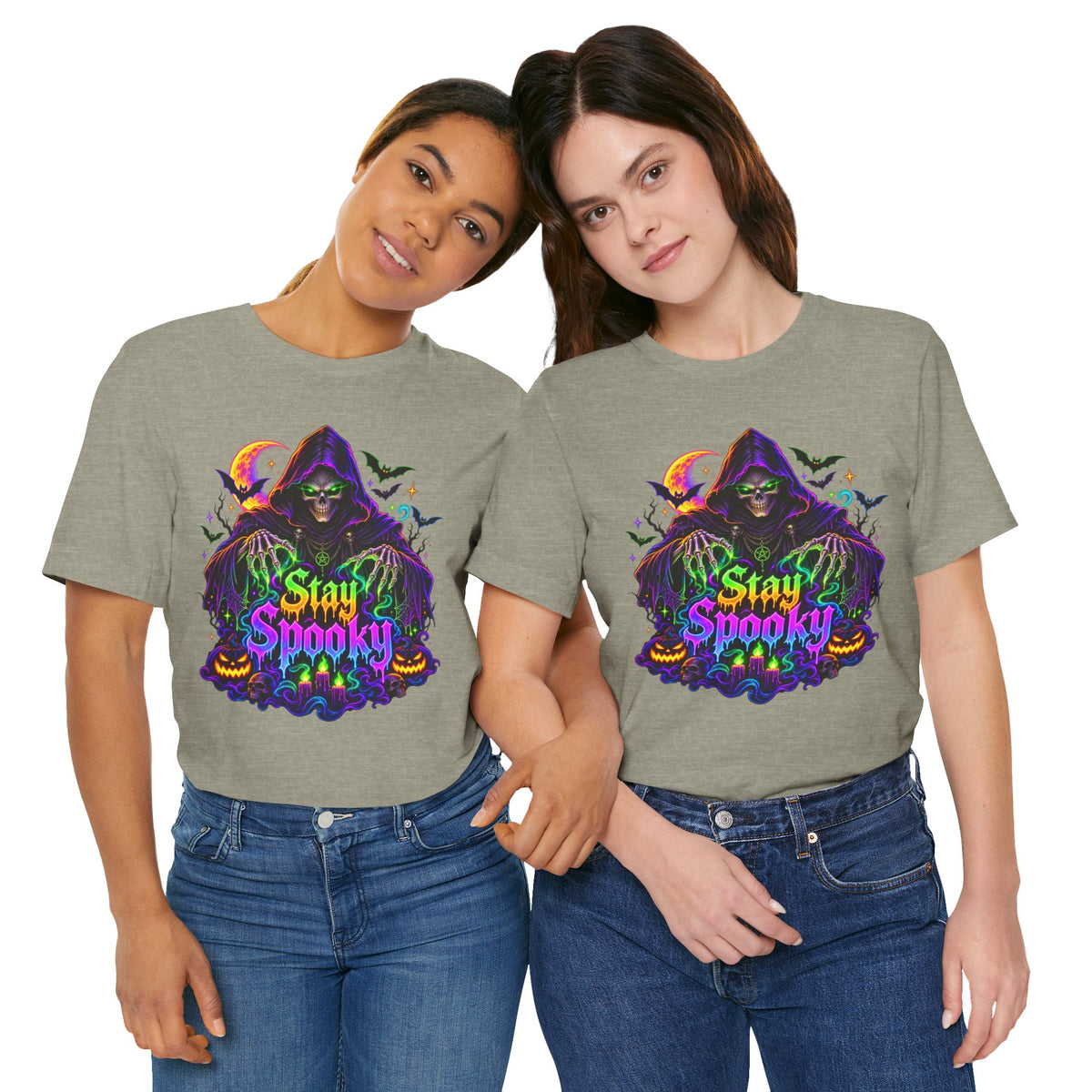 Stay Spooky Halloween Tee — Neon Grim Reaper & Haunted Castle Graphic T-Shirt