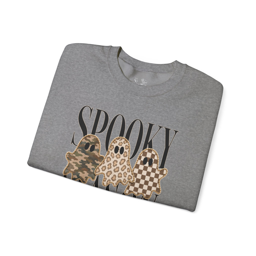 Spooky Season Ghosts Sweatshirt — Neutral Plaid & Camo Halloween Crewneck