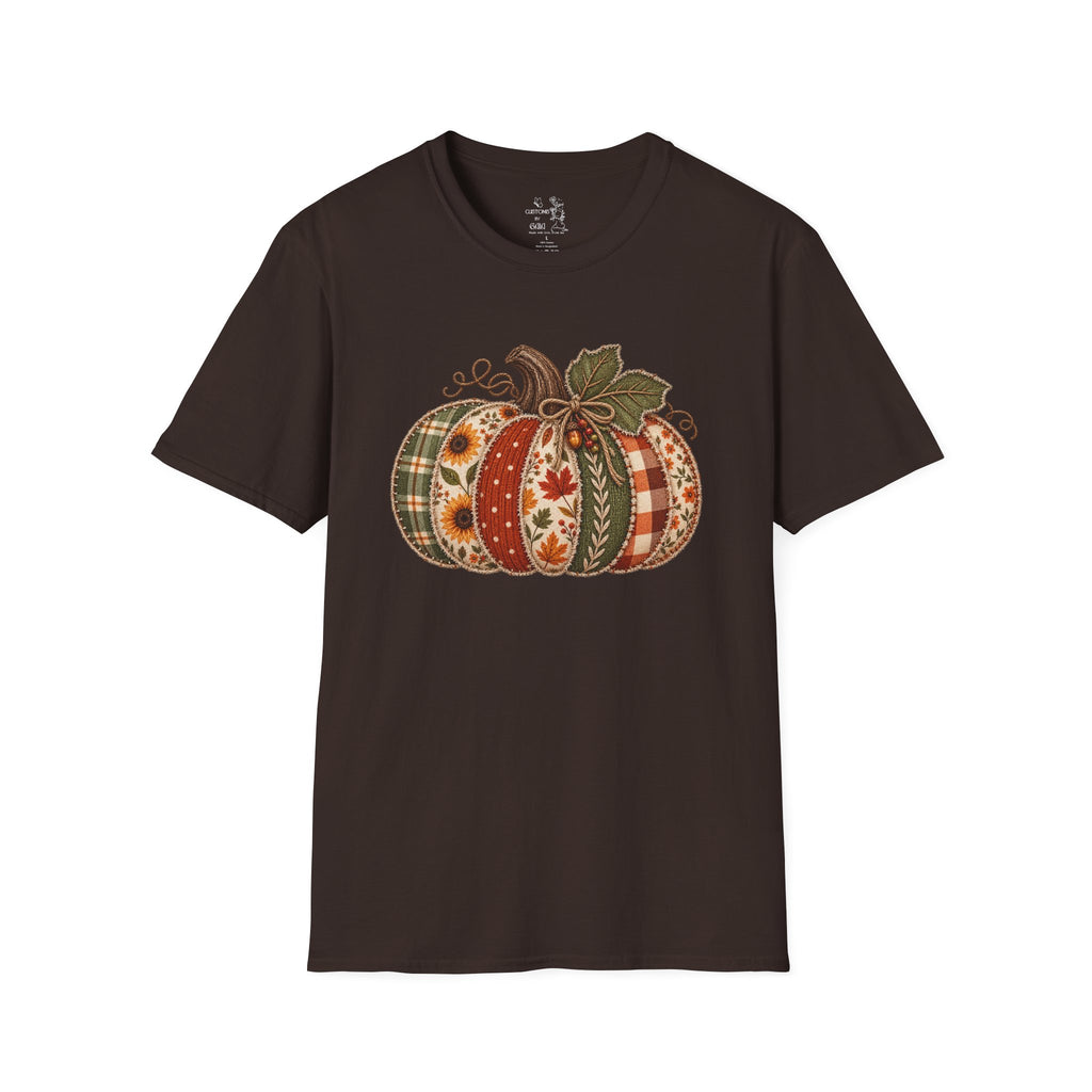 Fall Patchwork Pumpkin T-Shirt — Plaid & Floral Autumn Tee