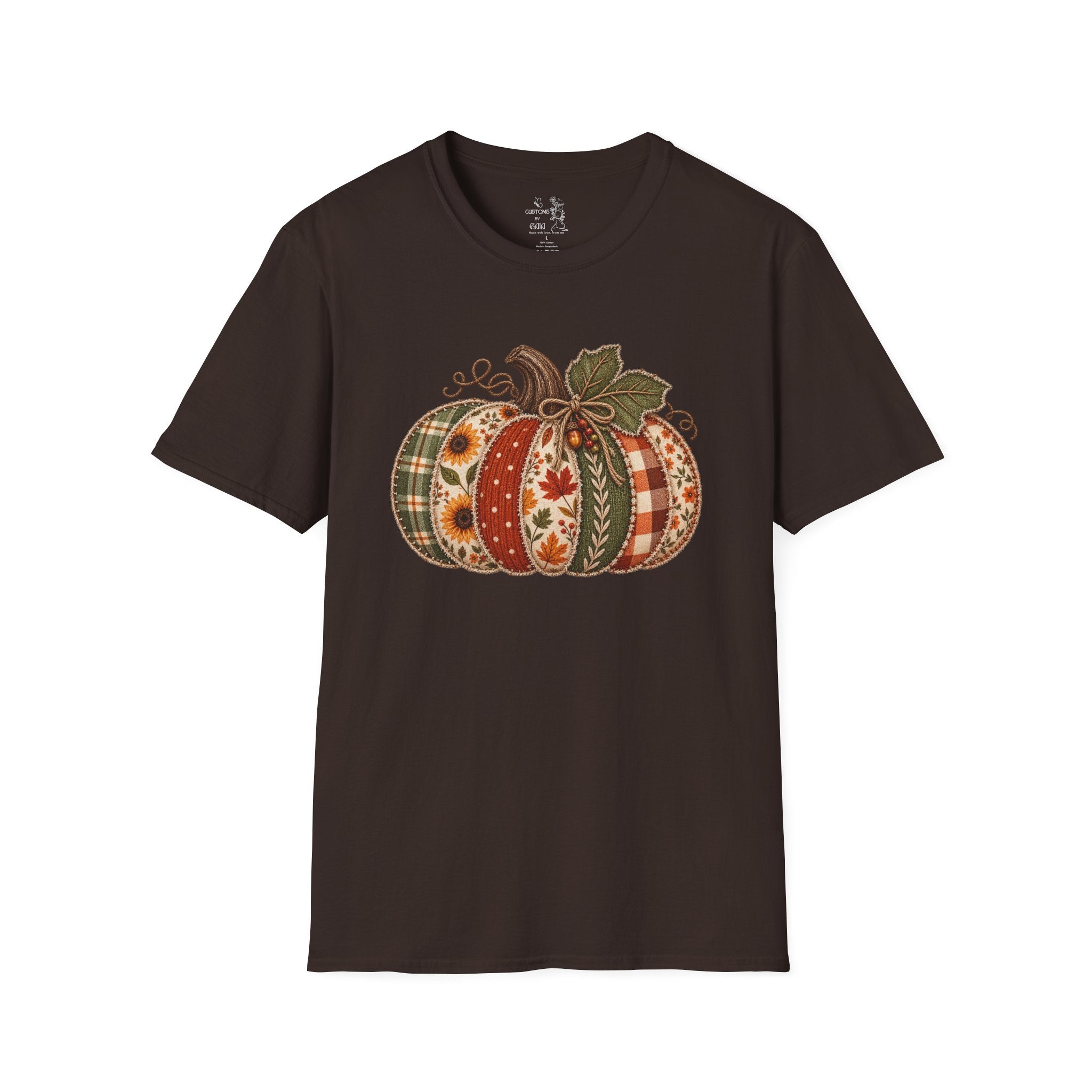 Fall Patchwork Pumpkin T-Shirt — Plaid & Floral Autumn Tee