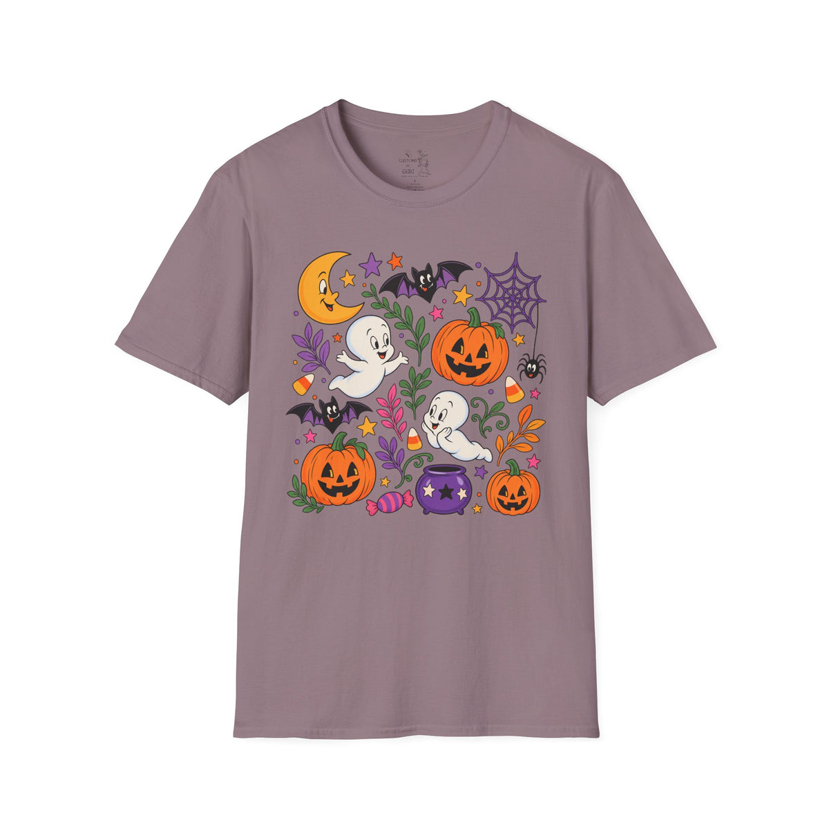 Cute Halloween T-Shirt — Friendly Ghosts, Pumpkins & Bats Graphic