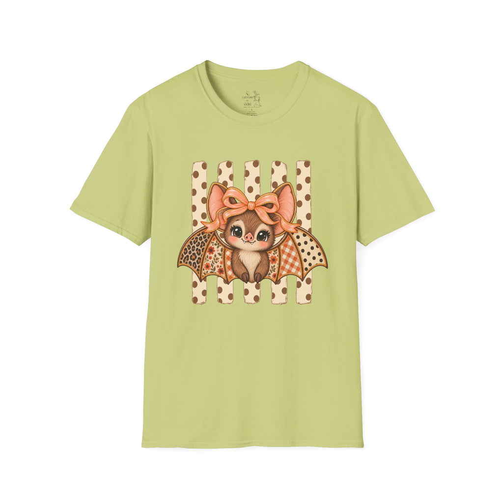 Cute Bat Tee — Adorable Bat with Bow Graphic T-Shirt (Leopard Striped Background)