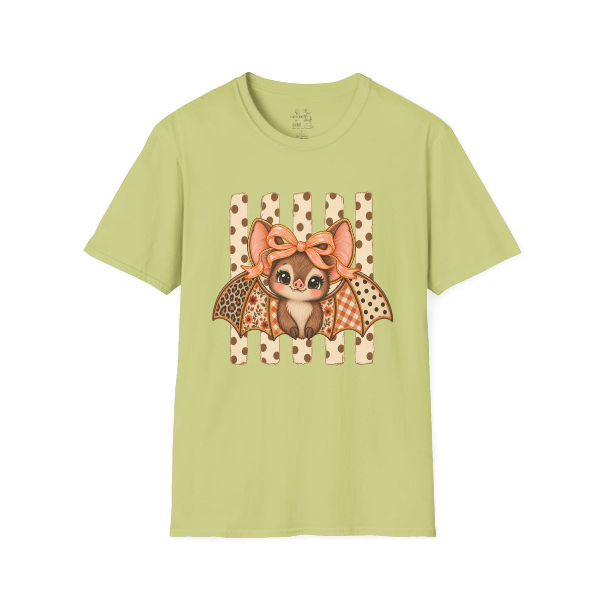 Cute Bat Tee — Adorable Bat with Bow Graphic T-Shirt (Leopard Striped Background)