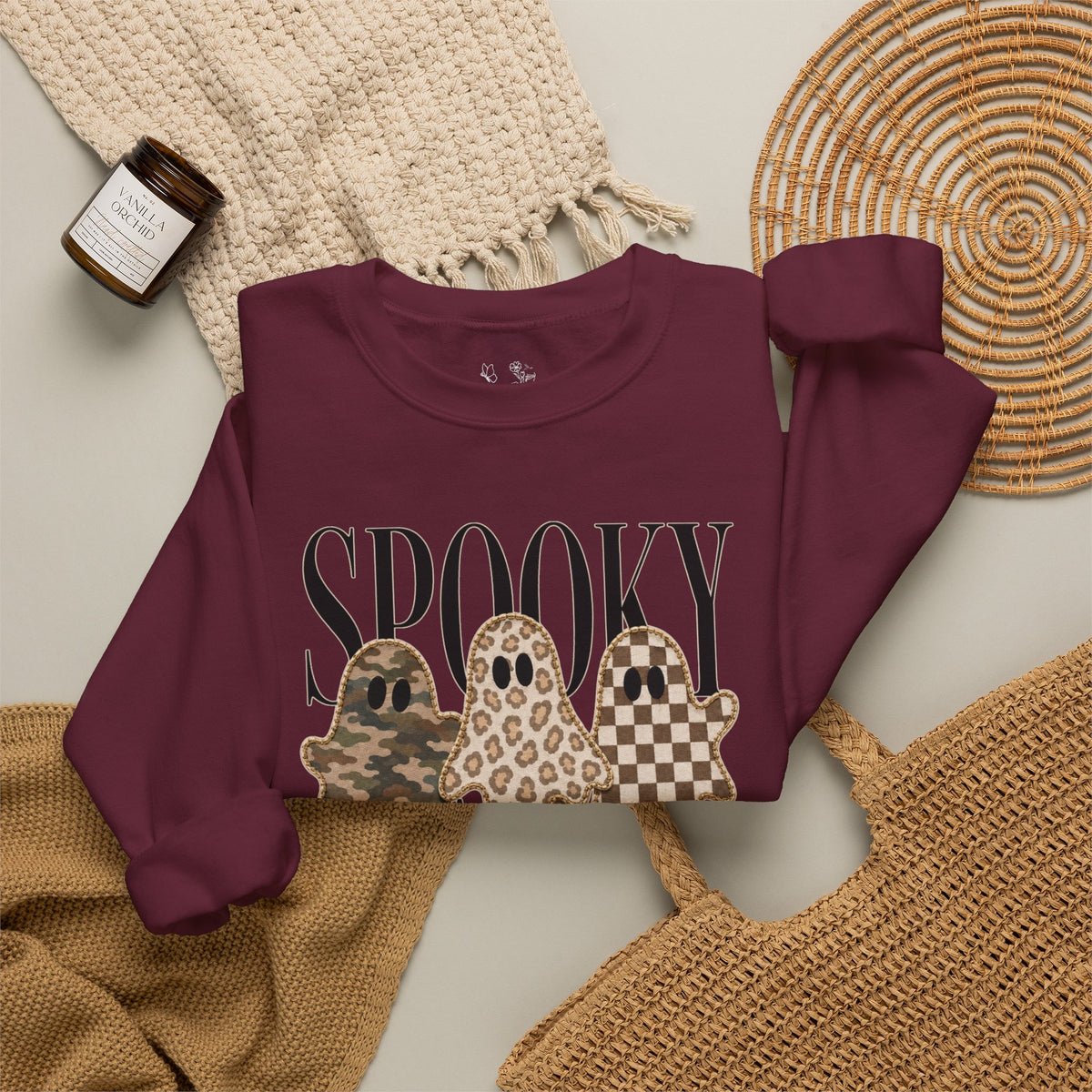 Spooky Season Ghosts Sweatshirt — Neutral Plaid & Camo Halloween Crewneck