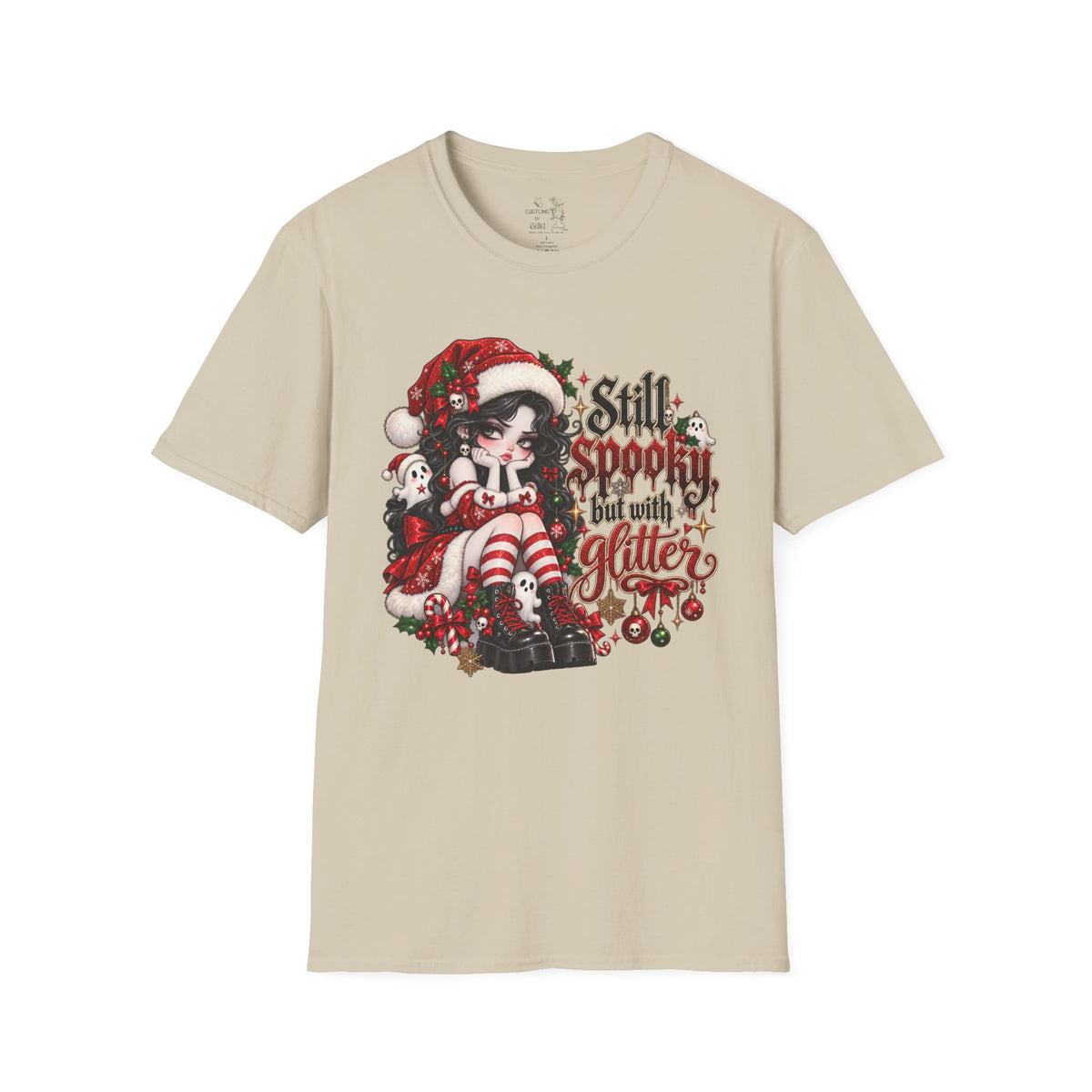 Christmas Goth T‑Shirt – "Still Spooky But With Glitter" Elf Girl Holiday Tee