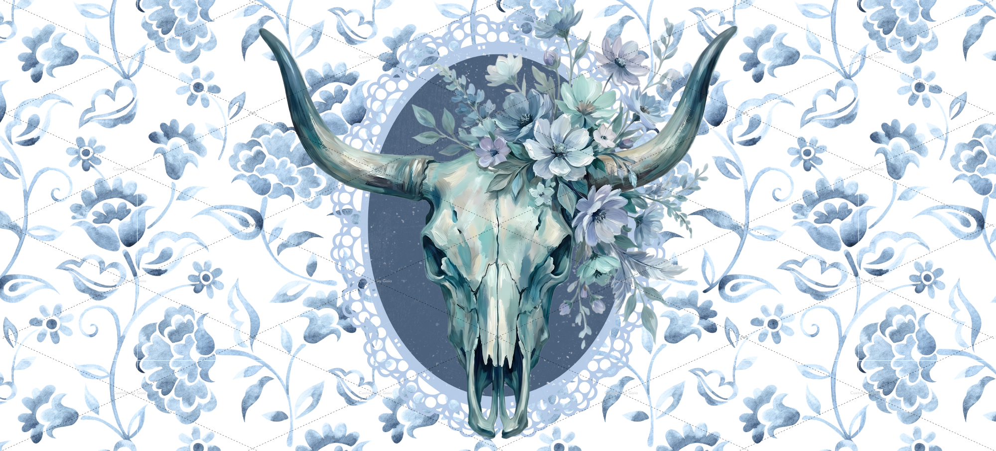 Cornflower Blue Floral Cow Skull UV DTF Wrap