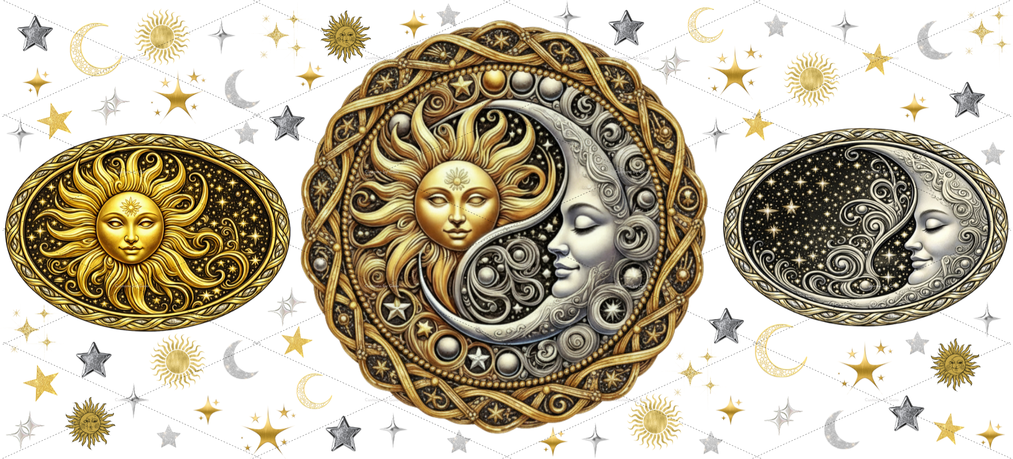 Celestial Moon Sun Stars UV DTF Wrap – Metallic Gold & Silver